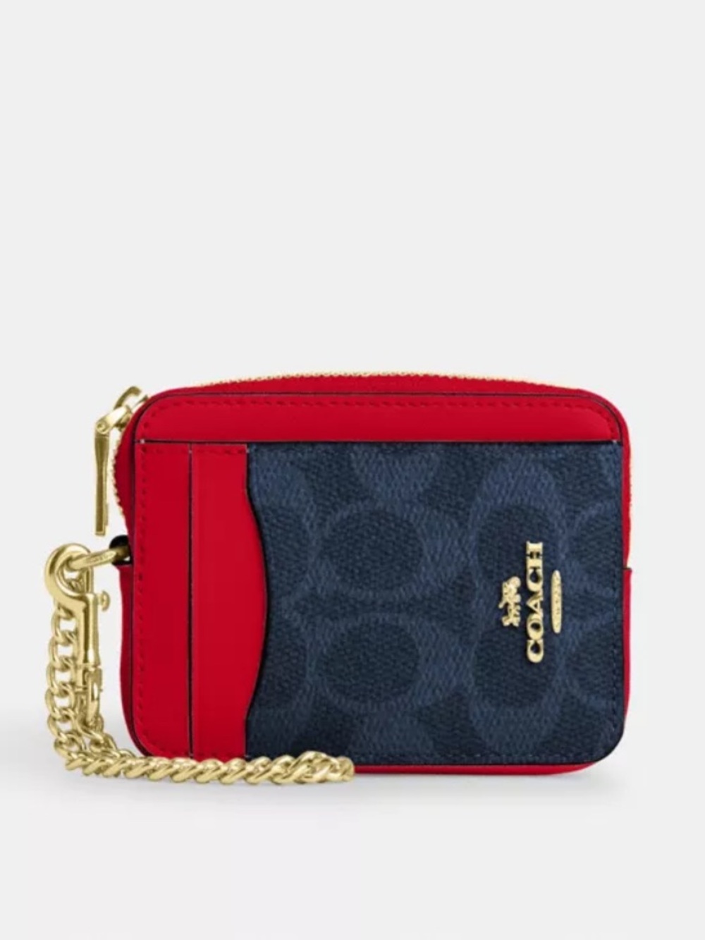 Coach Zip Card Case in Signature Canvas Denim Bold Red and Gold Chain CW883
